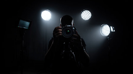 Photographer in a dark room with floodlights and spotlights.の素材