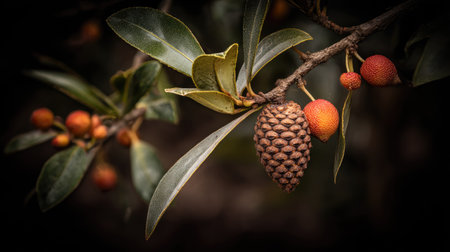 Closeup of a branch of a tree with fruits and cones.の素材