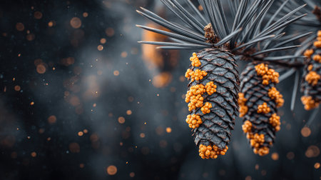 Fir cones on a pine branch with bokeh background.の素材