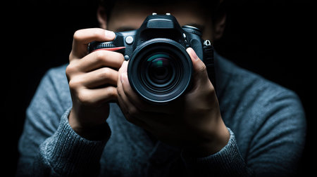 Handsome young photographer with camera on dark background, closeupの素材