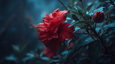 Beautiful red hibiscus flower on a dark background.の素材