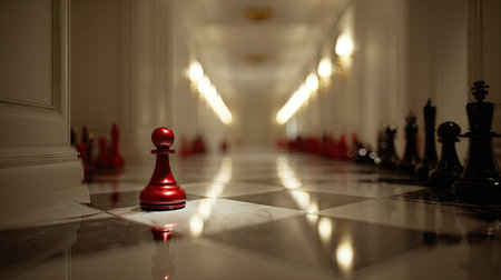 Red pawn on the floor in the hall of a hotel. Selective focus.の素材