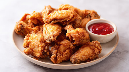 Fried chicken wings with tomato ketchup on a white background.の素材