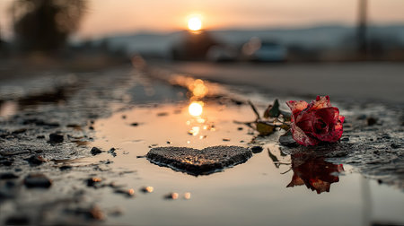 Fallen rose on a puddle with a sunset in the backgroundの素材