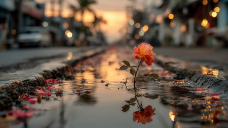 Flower in a puddle in the city at sunset, Thailandの素材