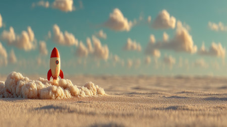 Rocket in the sand. 3d illustration. Space travel concept.の素材
