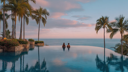 Luxury swimming pool in luxury hotel resort with palm trees and sunsetの素材