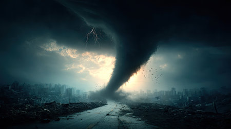 Conceptual image of tornado destroying urban landscape with cracked asphalt roadの素材
