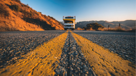 Yellow truck on the road in the mountains at sunset. Toned.の素材