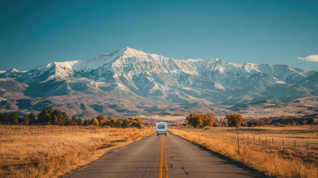 Truck on the road with snow covered mountains in the background.の素材