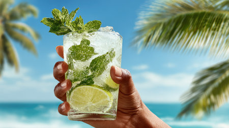 Hand holding glass of mojito cocktail with lime and mint on tropical beach backgroundの素材