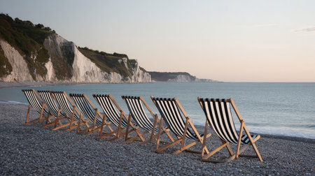 Chairs on the beach of Etretat, Normandy, Franceの素材