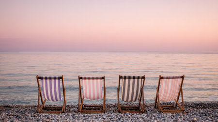 Beach chairs on the seashore in the evening at sunsetの素材
