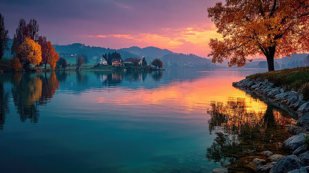Colorful autumn sunrise on lake Bled, Slovenia. Colorful autumn landscape.の素材