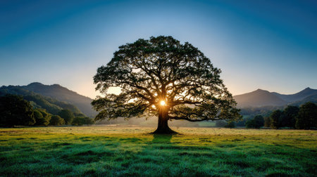 Sunrise over a lone tree in a meadow in the countrysideの素材