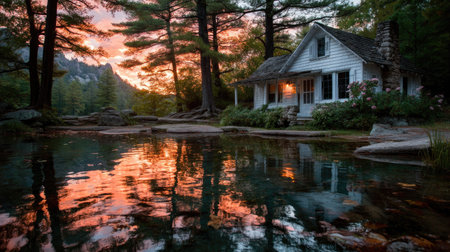 Sunset over the lake in the woods with a house in the foregroundの素材