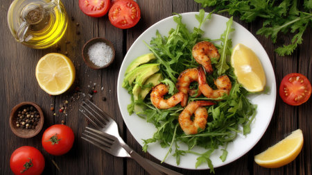 Shrimp salad with arugula, cherry tomatoes and lemon on wooden backgroundの素材