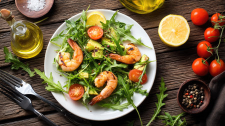 Shrimp salad with arugula, tomatoes, avocado and lemonの素材