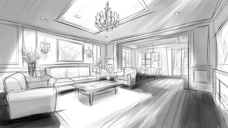 sketch design of living room,3dwire frame renderの素材