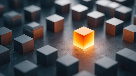 3d rendering of orange cube standing out from the crowd of cubesの素材