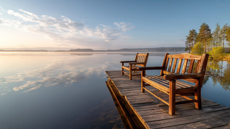 Wooden chairs on the lake shore at sunrise. Beautiful landscape.の素材