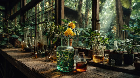Laboratory glassware with plants and flowers on the wooden table.の素材