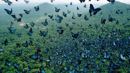 Aerial view of a large flock of flying butterflies in the forestの素材
