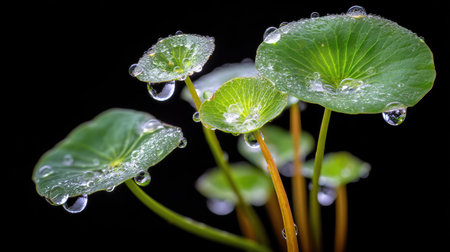 Water drops on green leaves of Centella asiatica isolated on black backgroundの素材