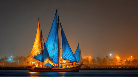 Sailing ship in the harbor at night, Odessa, Ukraineの素材