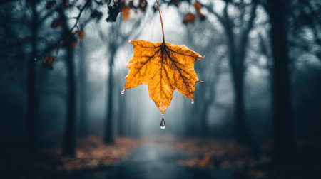 Maple leaf in autumn forest with fog and rain drops. Halloween conceptの素材