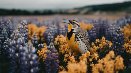A beautiful bird on a field of blooming lupines.の素材