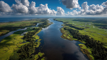 Aerial view of the river and forest in summer, Latvia.の素材