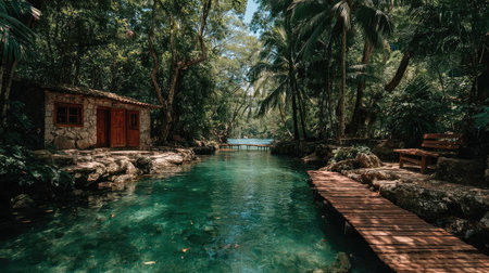 Beautiful turquoise lagoon with wooden houses in the jungleの素材