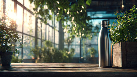 Vintage metal thermos on a wooden table in a greenhouse.の素材
