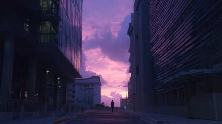 Silhouette of a man walking on the street at sunset.の素材