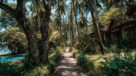 Wooden walkway in tropical garden, Koh Samui, Thailandの素材