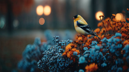 American Goldfinch sitting on a flower bed in the autumn parkの素材