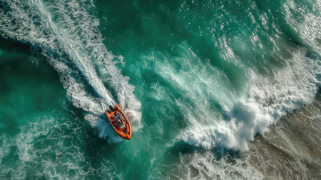 Aerial view of an orange lifeboat on the ocean, seen from above.の素材