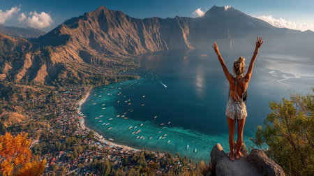 Beautiful woman on the edge of a cliff with her arms raised in the air and enjoying the view of Lake Wakatipuの素材