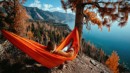 Woman relaxing in orange hammock on the top of the mountain.の素材