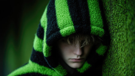 Portrait of a young man in a green hooded sweater.の素材