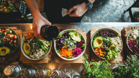 Healthy eating and dieting concept. Close-up of female hands pouring fresh vegetable salad into bowl at restaurantの素材
