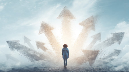 Rear view of businesswoman looking at arrows pointing in different directionsの素材