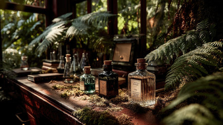 Vintage bottles of perfume on a wooden table in a dark roomの素材