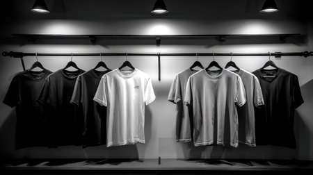 Black and white photo of men's t-shirts hanging on hangers in a shopの素材