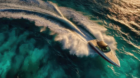 Aerial view of a speed boat in the ocean at sunset.の素材