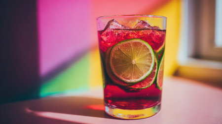 Cocktail with lime and ice in a glass on a colorful backgroundの素材