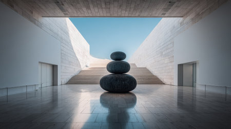 3D rendering of a modern interior with stairs and a stone pyramidの素材