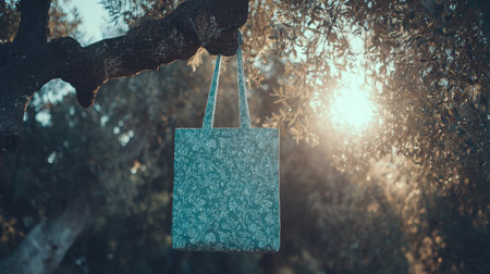 Blue handbag hanging on olive tree in sunny day. Selective focus.の素材