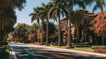 Vintage style of palm trees and road in San Diego, Californiaの素材